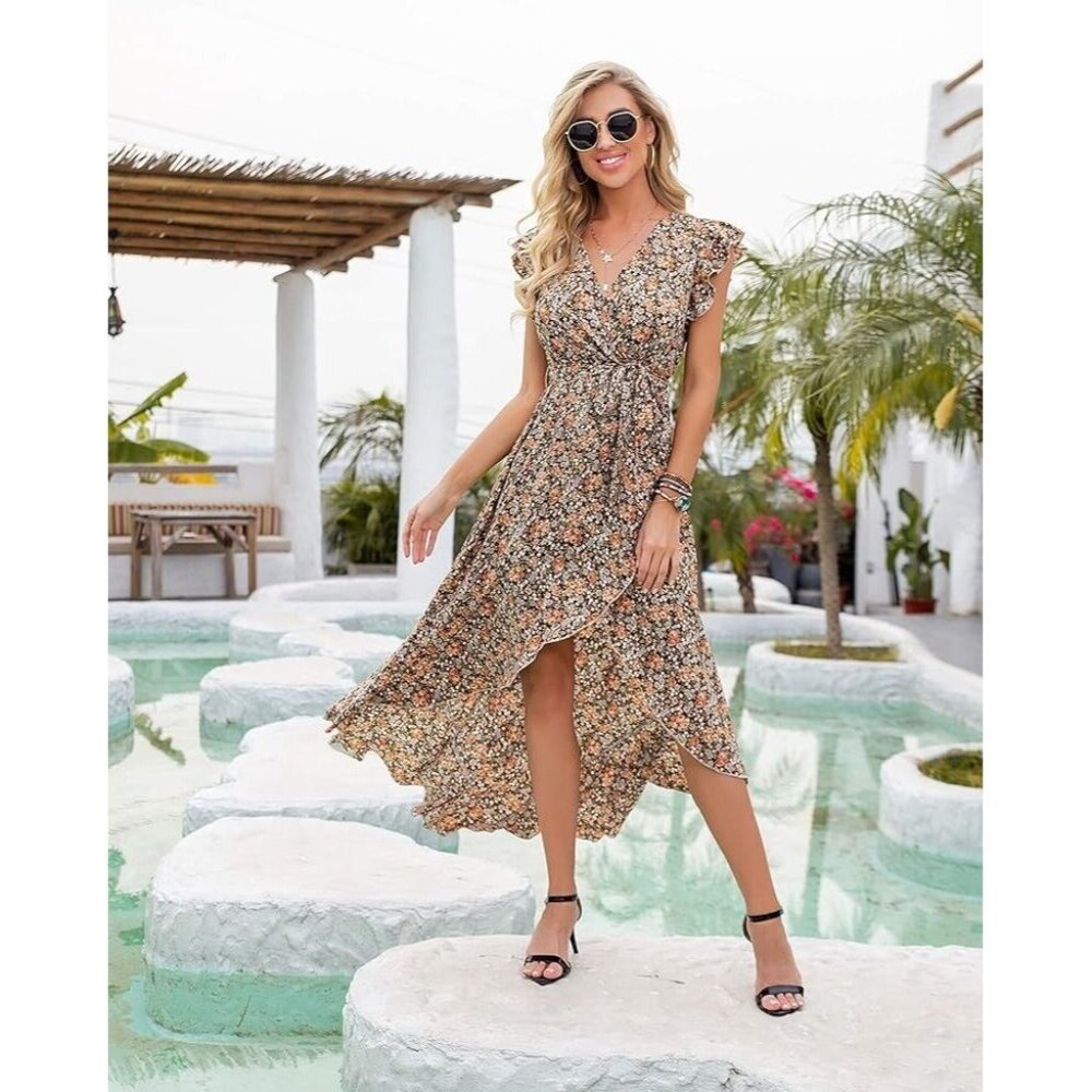 GRECERELLE Women's Spring Summer Boho Floral Print Faux Wrap Maxi Dress Size XL
